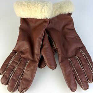 Neiman Marcus Premium Sheepskin Leather Shearling Cuff Gloves Brown Womens M